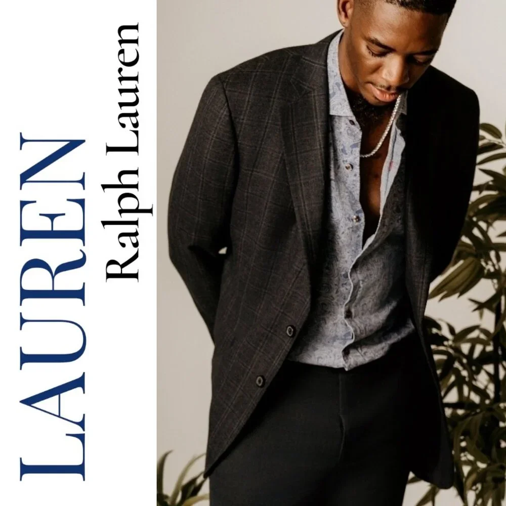 LAUREN RALPH LAUREN MEN’S 100% WOOL PLAID‎ BLAZER 2-BUTTON GRAY BLUE, SIZE 48R